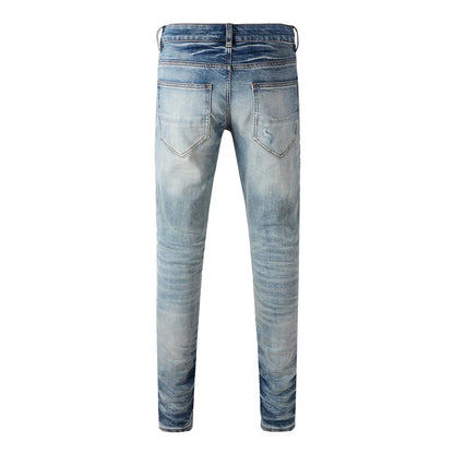 Men's Fashion Slim Fit Jeans Light Blue High Street Hip-Hop Brand Pan Perforated Patch Washed Nostalgic Elastic