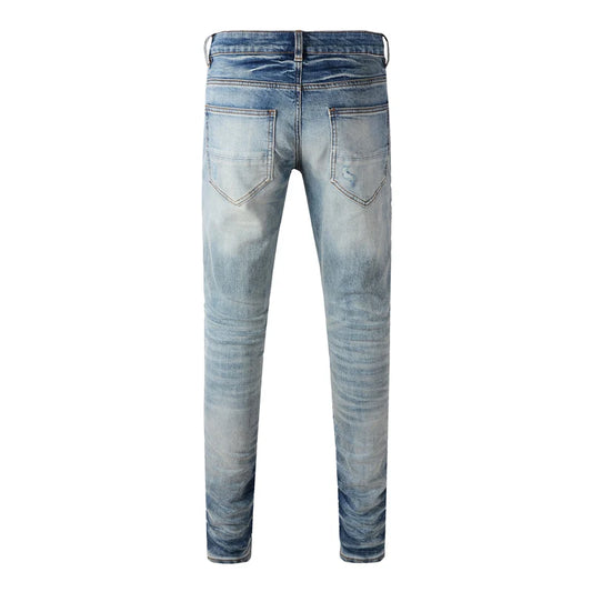 Men's Fashion Slim Fit Jeans Light Blue High Street Hip-Hop Brand Pan Perforated Patch Washed Nostalgic Elastic