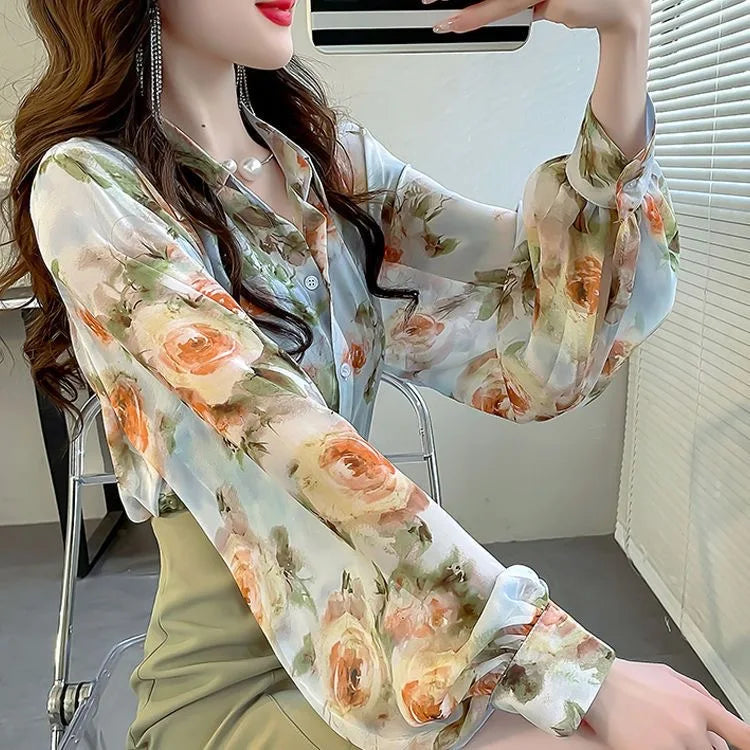 Fashionable Spring Shirt Elegant Korean Style Loose Lantern Sleeve Floral Print Chiffon Top Women's Business Casual Blouse
