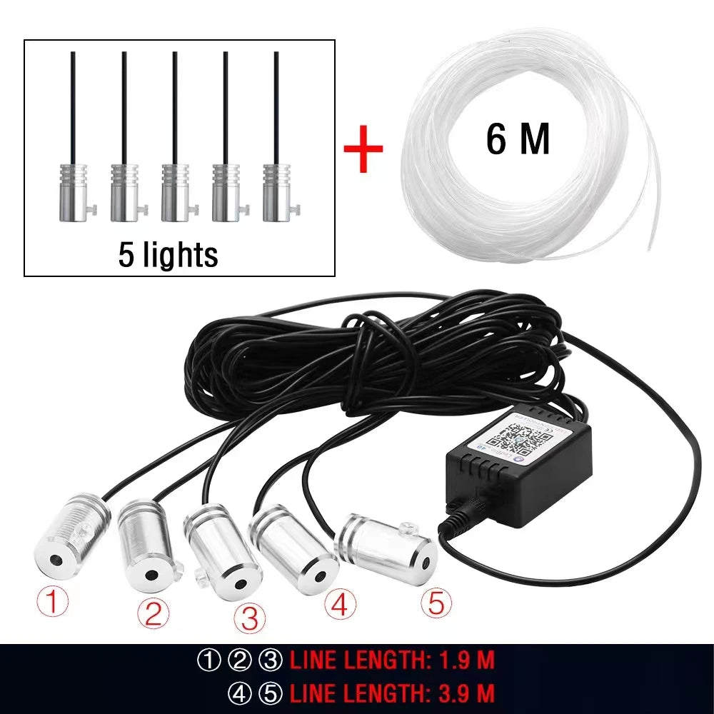 6 in 1 RGB LED Atmosphere Car Light Interior Ambient Light Fiber Optic Strips Light by App Control DIY Music 8M Fiber Optic Band
