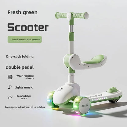 3-in-1 Kids Scooter with Seat, Foldable Toddler Kick Scooter for Boys Girls Ages 1-3-6-10, 3-Wheel Light-Up Ride-On Toy with