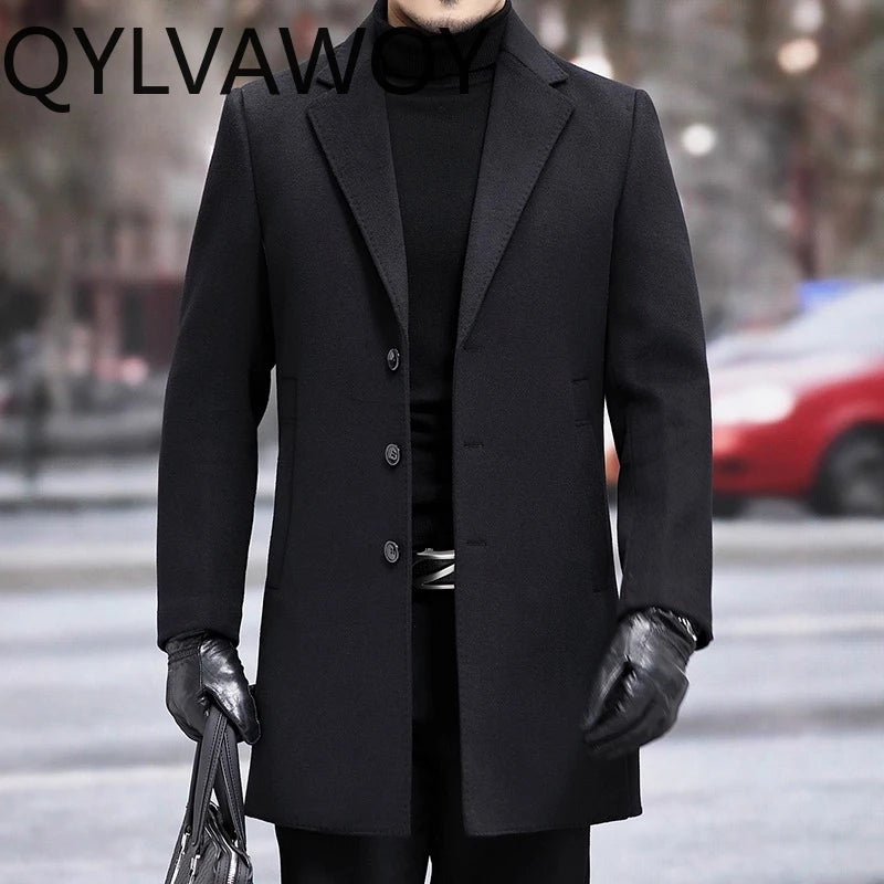 QYLVAWOY 67% Wool Men's Autumn Winter New Slim-Fit Mid-Length Double-Sided Woolen Coat Wool Trench Coat Outerwear LJ2146