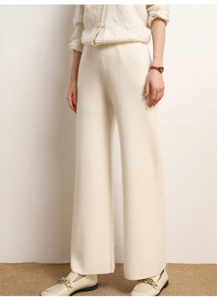 Women's 100% Cashmere Wide Leg Pants Knitted Thick Autumn/Winter Casual Solid Color Elastic Waistband Pockets
