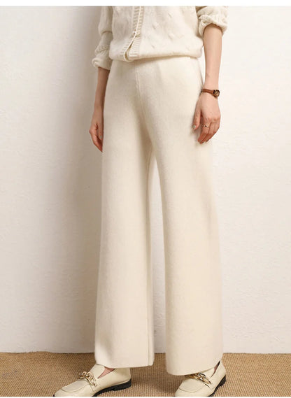 Women's 100% Cashmere Wide Leg Pants Knitted Thick Autumn/Winter Casual Solid Color Elastic Waistband Pockets