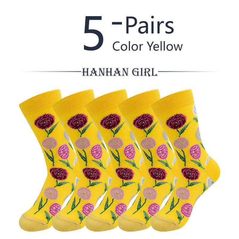 5 Pairs New Arrivals Combed Cotton Women Socks Unisex Cute Floral Styles 8 Color Happy Funny Casual Female Breathable Crew Socks