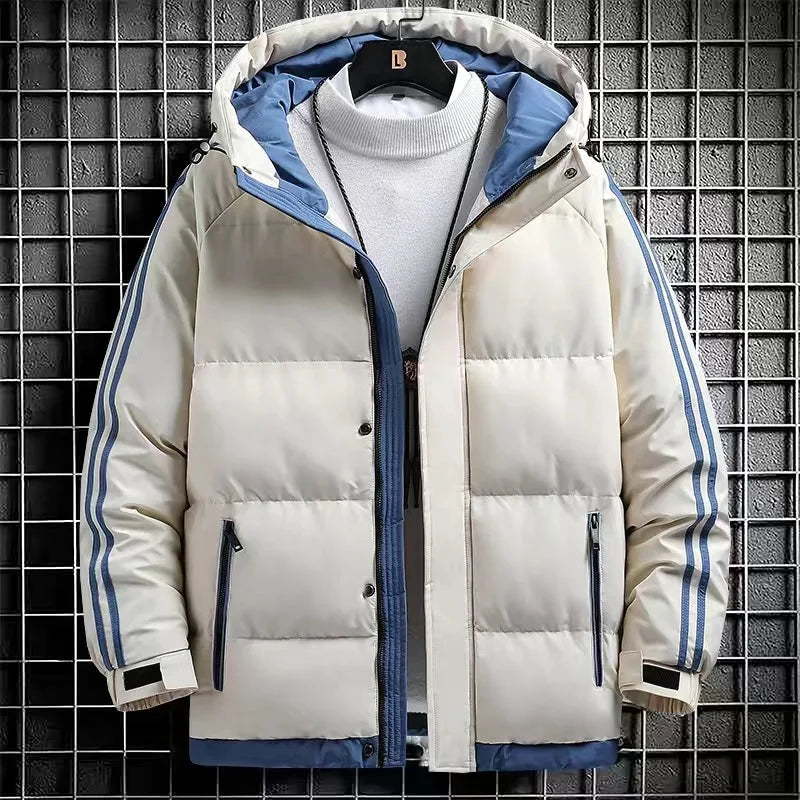 2024 New Cotton Jacket for Men with Plush and Thickened Two Bar Cotton Jacket for Men, Two Bar Cotton Jacket for Men, Hooded Bre