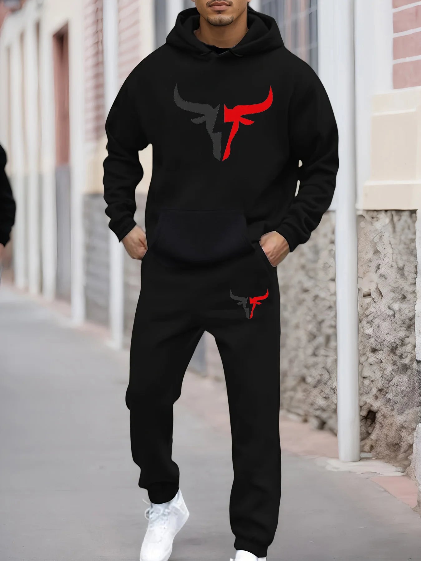 Men's autumn and winter casual fashion warm bull pattern print loose plush thick hooded sweatshirt+sweatpants set
