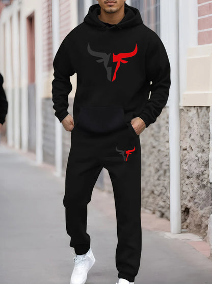 Men's autumn and winter casual fashion warm bull pattern print loose plush thick hooded sweatshirt+sweatpants set