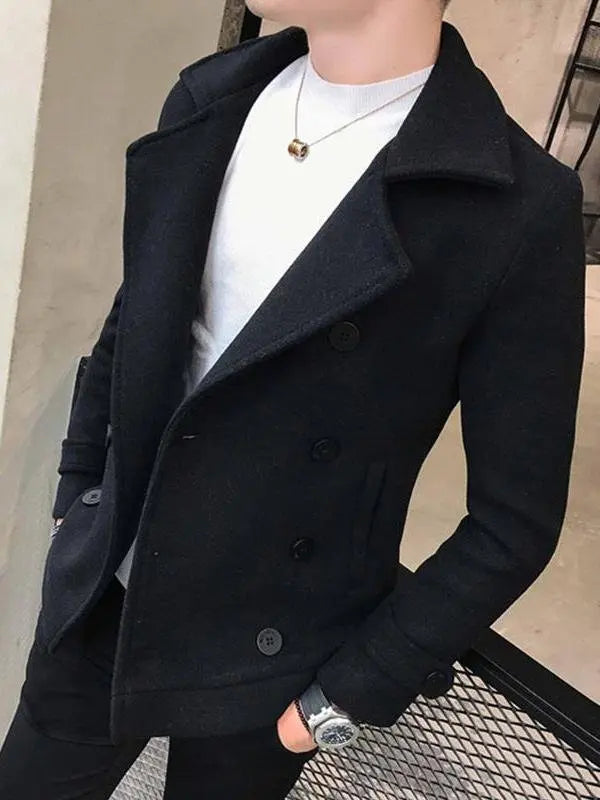 Men's Woolen Coat Short Thickened Winter Fashionable Slim Fit Double Breasted Nylon Jacket Korean Style Windbreaker Outerwear