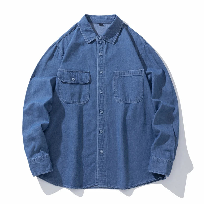 Loose Denim Shirt Men's Autumn New Washed Dark Blue Japanese Fashion Pocket Design Long Sleeve Jean Shirts Male Clothes