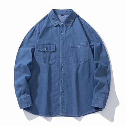 Loose Denim Shirt Men's Autumn New Washed Dark Blue Japanese Fashion Pocket Design Long Sleeve Jean Shirts Male Clothes