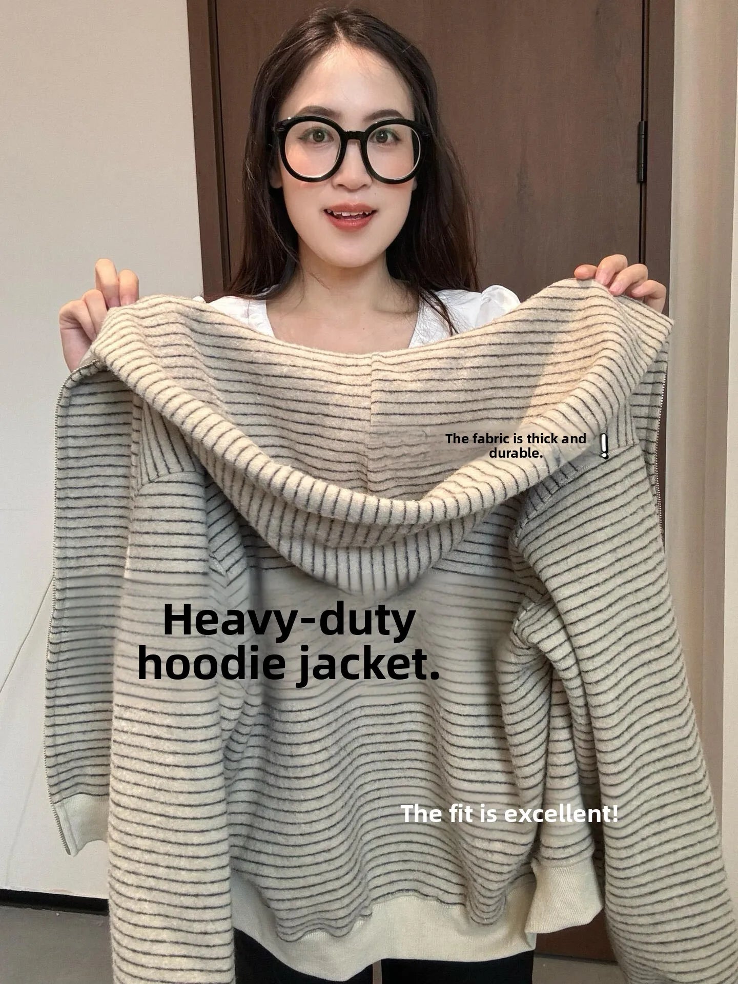 Korean Style Fleece Lined Thickened Striped Open Cardigan Hoodie Women's Loose Long Sleeve Top Autumn Winter New Arrival