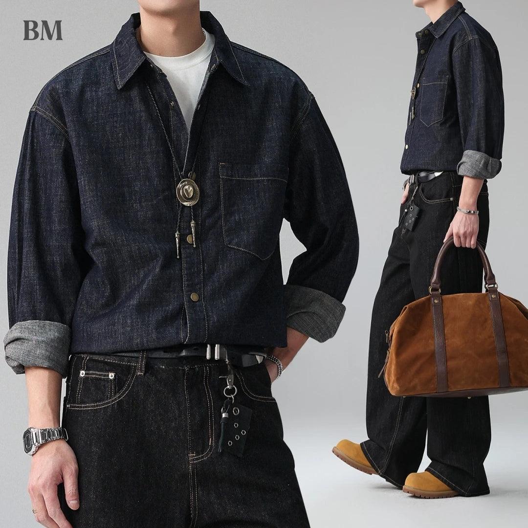 Mens Raw Denim Shirt American High Street Plus Size Oversized Long Sleeve Button Down Spring Autumn Trendy Casual Blue Tops