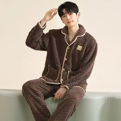 Men's Winter Sleepwear Coral Fleece Thickened Flannel Casual Long Sleeve Pajamas Large Size Home Clothes Chinese Style