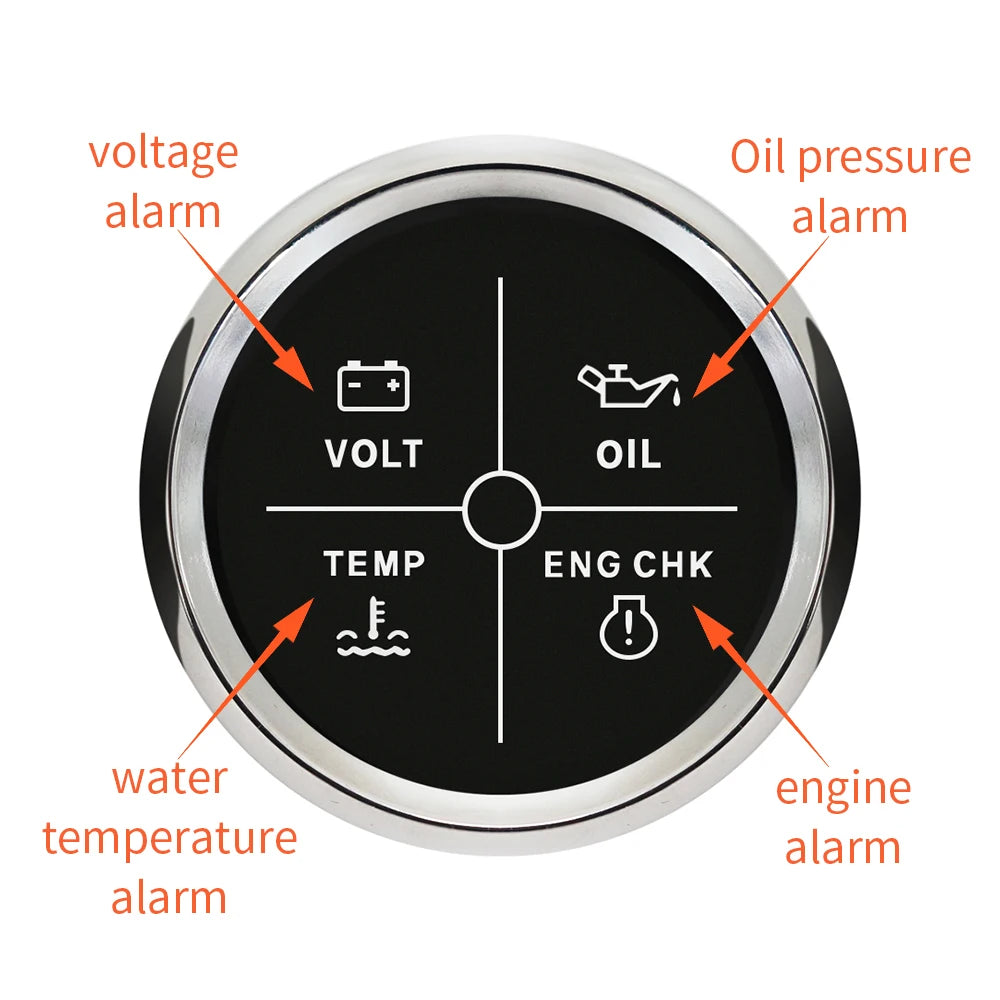 New 52mm 4 LED Alarm Gauge Meter Volt Water Temp Oil Pressure Alarm Indicator Gauge Meter with Red Backlight for Car Boat Yacht