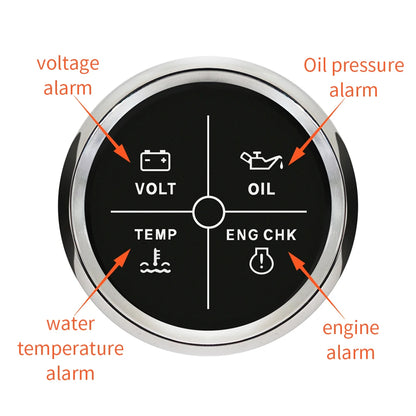 New 52mm 4 LED Alarm Gauge Meter Volt Water Temp Oil Pressure Alarm Indicator Gauge Meter with Red Backlight for Car Boat Yacht