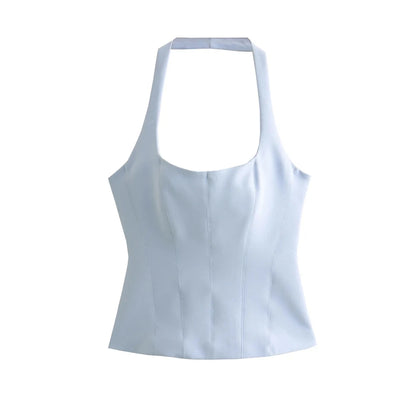 Women's Backless Halter Fitted Tank Tops, Female Camis, O Neck, Side Zipper, Sexy Fashion