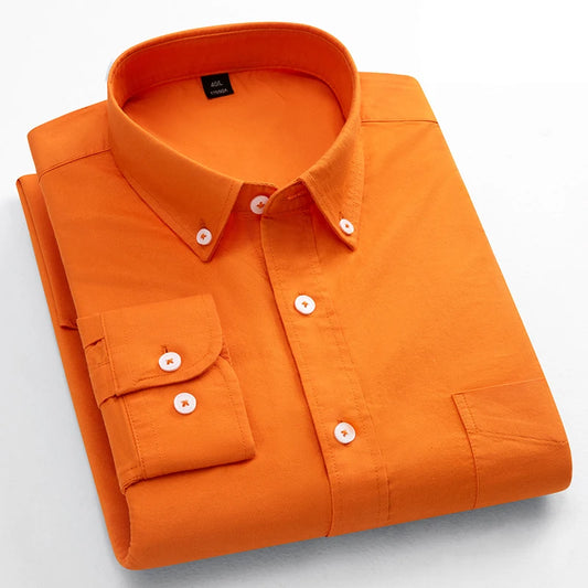 Classic Fit Fashion 100% Cotton Long-Sleeve Shirt for Men Single Pocket Slim Fit Casual Top Soft Oxford Solid Color Office Cloth