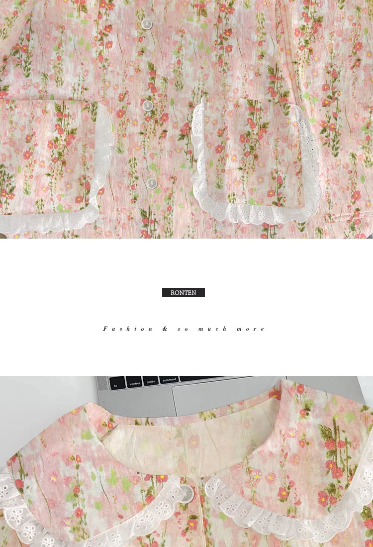 Cloud Cotton Sleepwear Set for Women Casual Spring Autumn Long Sleeve Long Pants Home Clothes  Plant Floral Print