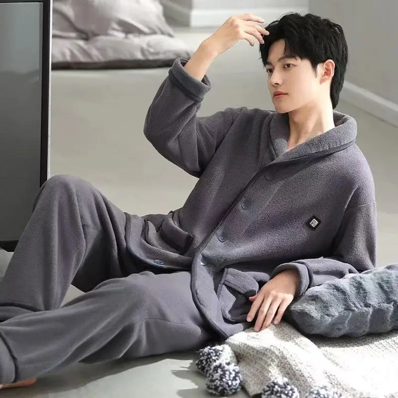 Men's Winter Sleepwear Coral Fleece Thickened Flannel Casual Long Sleeve Pajamas Large Size Home Clothes Chinese Style