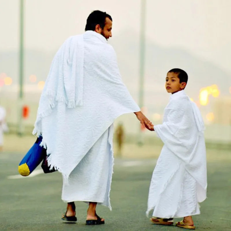 Men's Hajj Ihram 2 Piece Set Solid White Towel Suit Authentic Pilgrimage Attire for Umrah