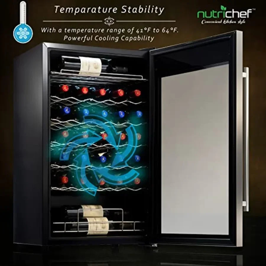 Home office wine cooler: stainless steel, black, 34-bottle capacity, single-zone with adjustable 41F64F temperature control and