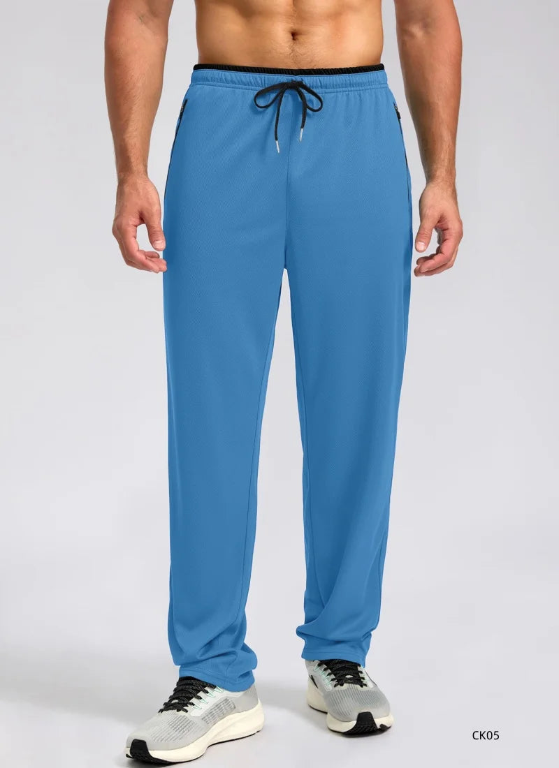 Men High Elastic Breathable Ice Cool Sports Long Pants Outdoor Quick Dry Straight Trousers Drawstring Waist Zipper Pocket Design