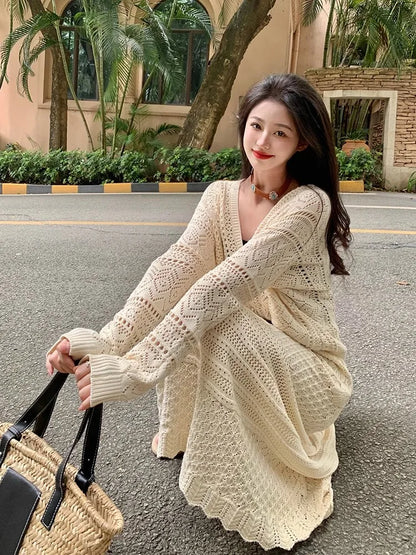 Kumikumi Lazy Style Hollow out Knitted Cardigan Jacket Women's High Waist  Skirt Fashion Set Spring 2025 Acrylic Fabric