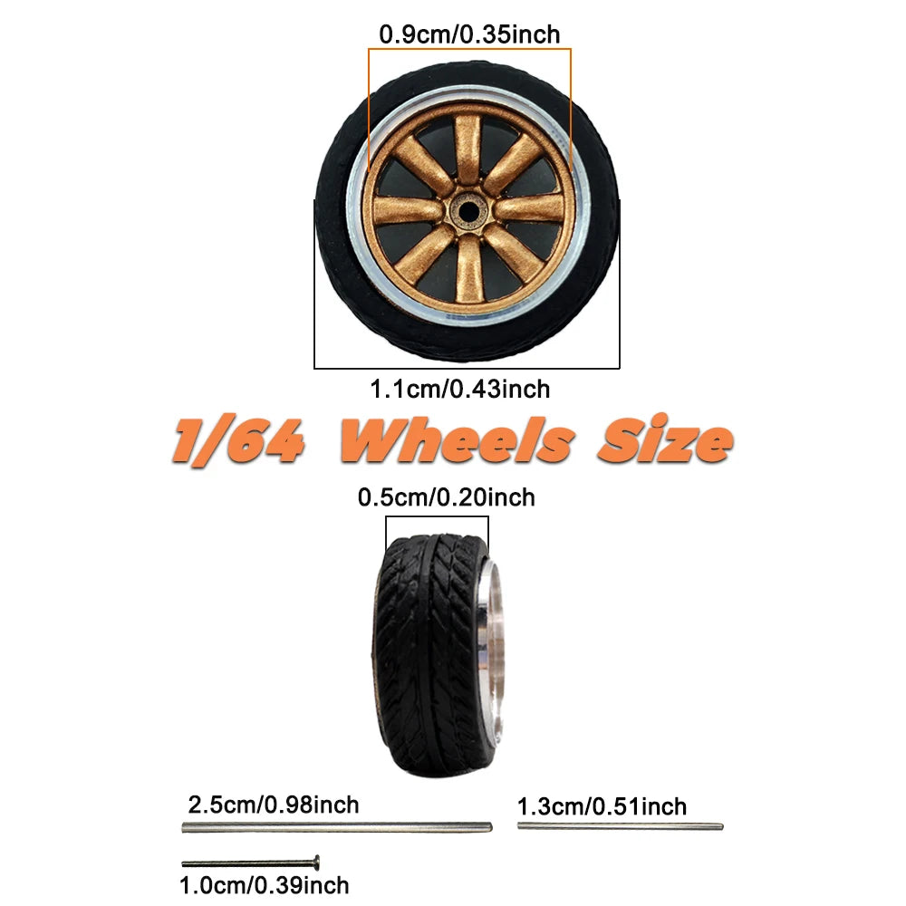 1/64 Model Car Wheels 4 Sets-11mm Diameter ABS Rubber Tires with Brake Disc-Upgrade Parts for Tomica Hot Wheels Diecast Vehicles