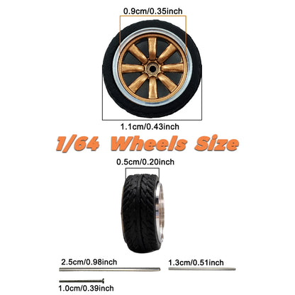 1/64 Model Car Wheels 4 Sets-11mm Diameter ABS Rubber Tires with Brake Disc-Upgrade Parts for Tomica Hot Wheels Diecast Vehicles