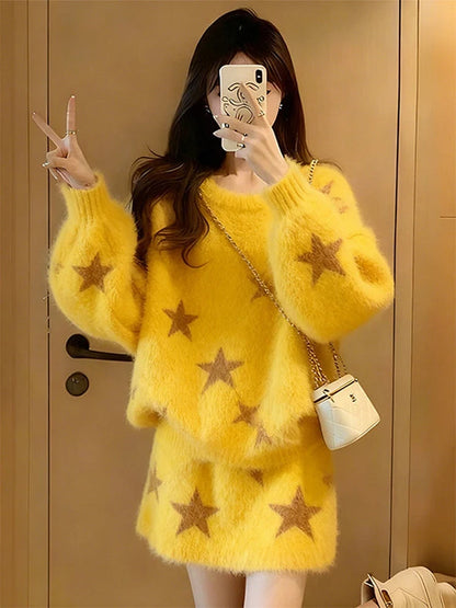 Fashionable Yellow Print Sweater High Waist Skirt Two Piece Set Slimming Effect Comfortable Fit Casual Winter Wear for Women