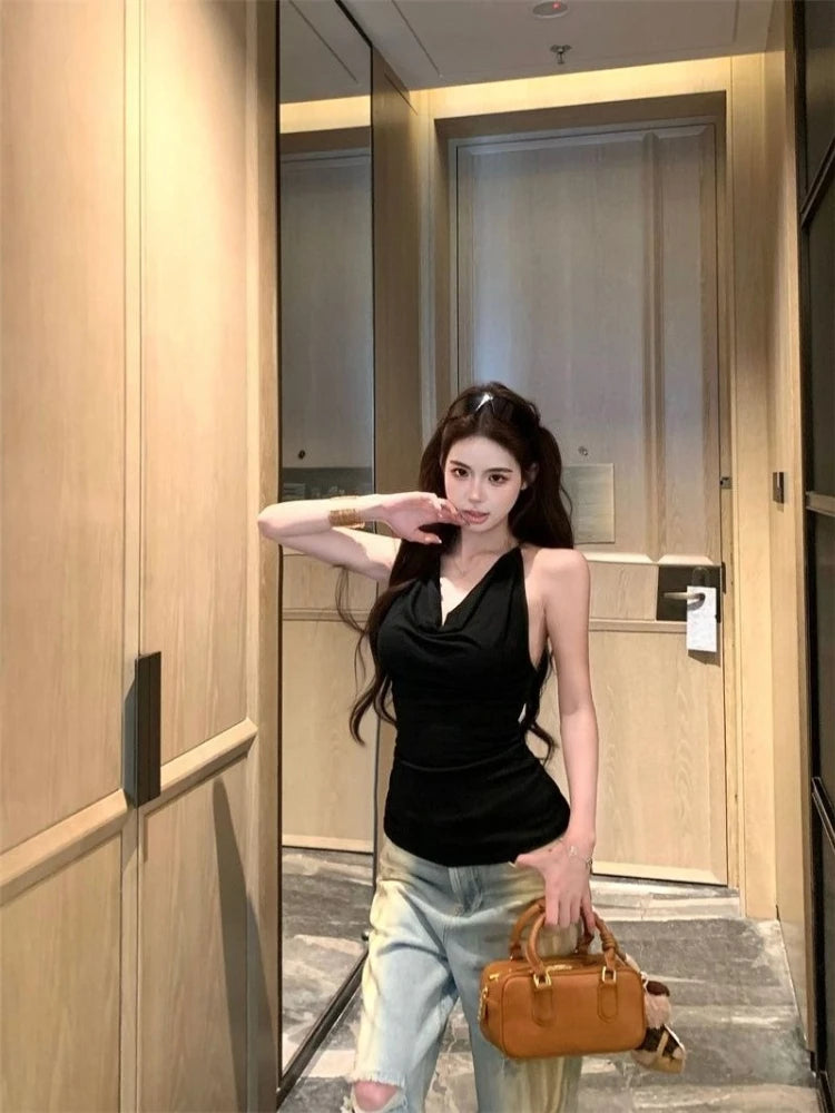 Women's Summer Cowl Neck Tank Top with Chain Strap Sexy Open Back Sleeveless Cami Y2K Streetwear Crop Top