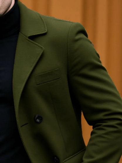 Winter Elegance Woolen Coat Male Warm & Stylish Men's Solid Coat: Double-Breasted Design Thickened Lining - Woolenen Jacket For