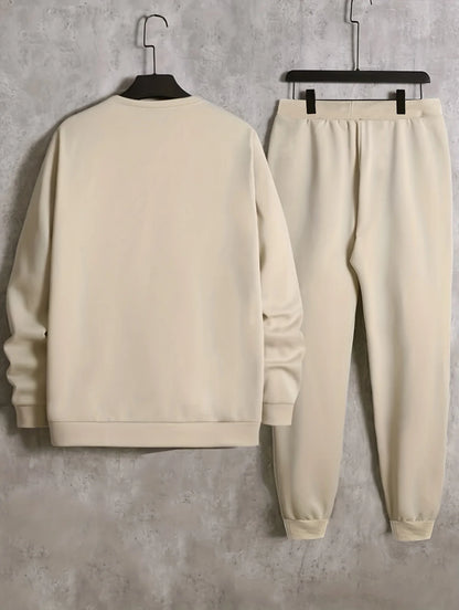 Men's autumn and winter casual warm RELDX bear print loose and thick velvet round neck sweatshirt+sports pants set