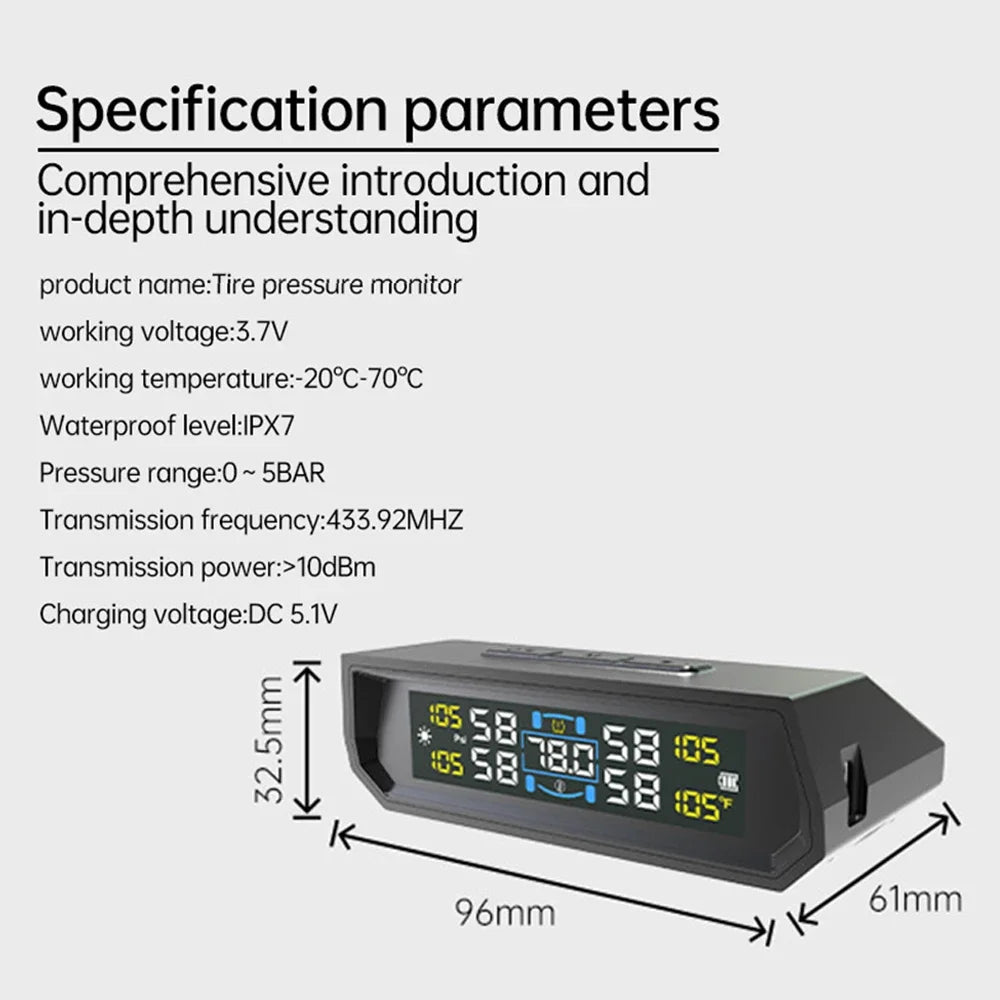 With 4 External Sensors Solar TPMS Car Tire Pressure Alarm Digital Colorful Display Waterproof Tire Pressure Temperature Warning