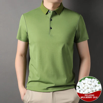 Top Grade 4.7% Mulberry Silk New Summer Brand Luxury Brand Polo Men Shirt Short Sleeve Plain Casual Tops Fashions Men Clothes