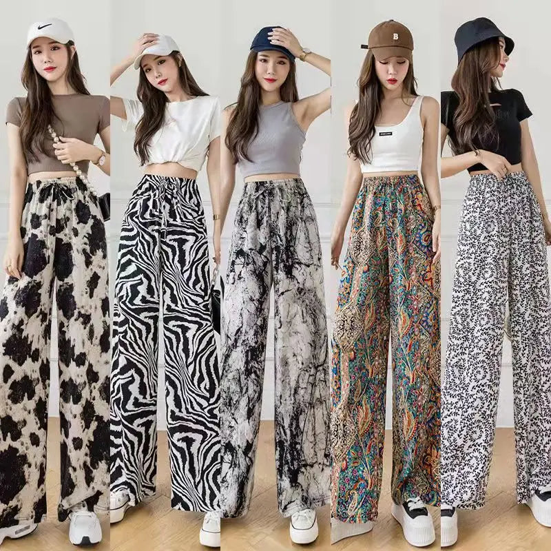 Summer Casual Loose Wide Leg Pants Women's Tie Dye Ink Ice Silk Loose Leopard Print Ethnic Style Long Pants Casual Trousers