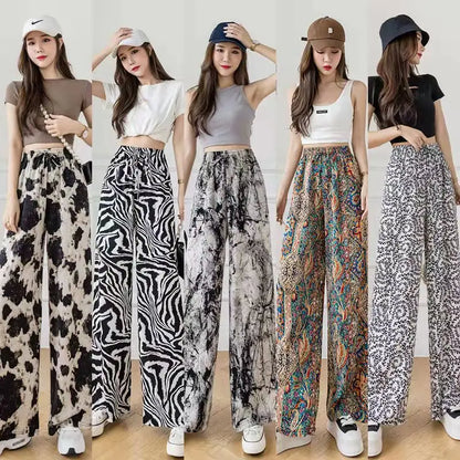 Summer Casual Loose Wide Leg Pants Women's Tie Dye Ink Ice Silk Loose Leopard Print Ethnic Style Long Pants Casual Trousers