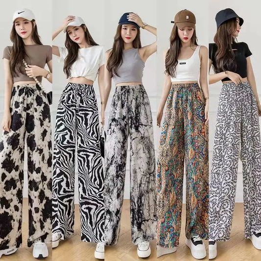 Summer Casual Loose Wide Leg Pants Women's Tie Dye Ink Ice Silk Loose Leopard Print Ethnic Style Long Pants Casual Trousers