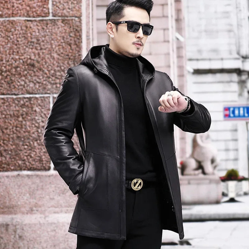 AYUNSUE Winter Jacket Men's Genuine Leather Coats Men Hooded Midi-length Windbreaker Trench Coat Male Real Leather Down Jacket