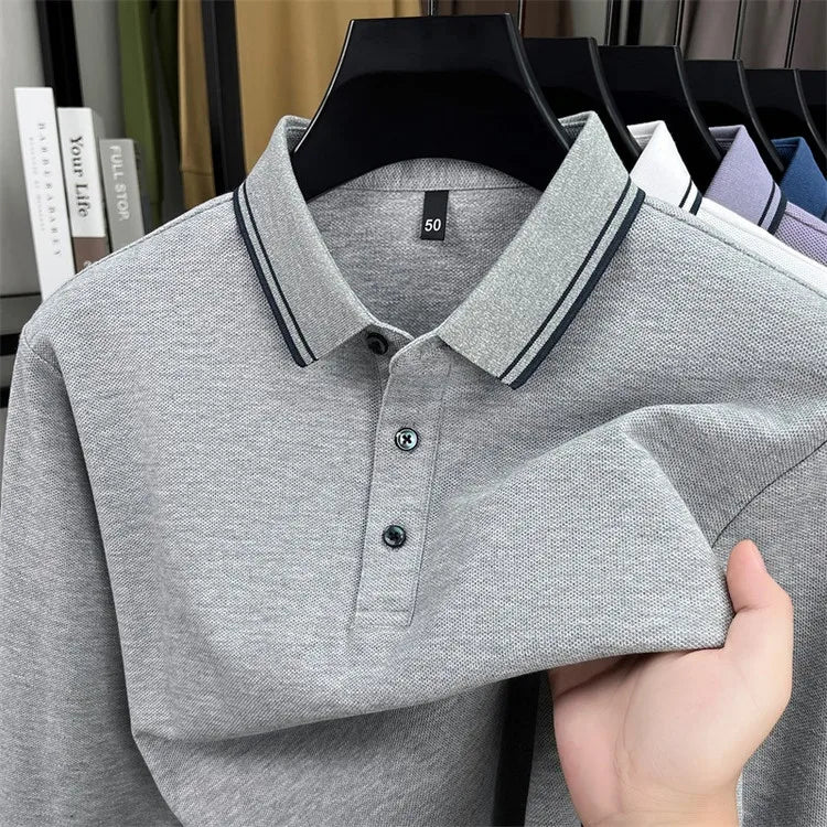 Men's 100% Cotton Long-Sleeve Polo Shirt - Light Purple Soft Knit  Breathable Business Casual Hexagon Pique Texture