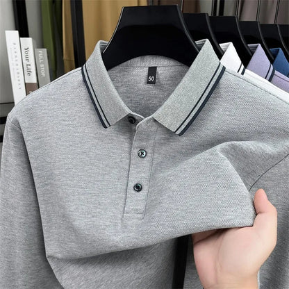 Men's 100% Cotton Long-Sleeve Polo Shirt - Light Purple Soft Knit  Breathable Business Casual Hexagon Pique Texture
