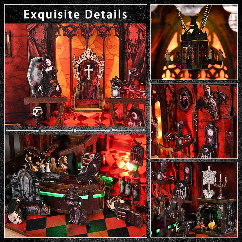Gothic Miniature Book Nook Kit DIY Wooden Doll House with Furniture Handmade Ornament Home Decor Gift for Bedroom StudyBookshelf