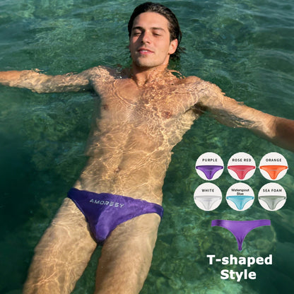 AMORESY Oceanus Men Glossy Stretch Low Rise T-shaped Briefs Gym Fitness Sport Comfort Breathable Thong Underpants Swimming Trunk