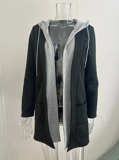 Autumn and winter new women's casual fashion patchwork color matching cardigan hooded sweatshirt