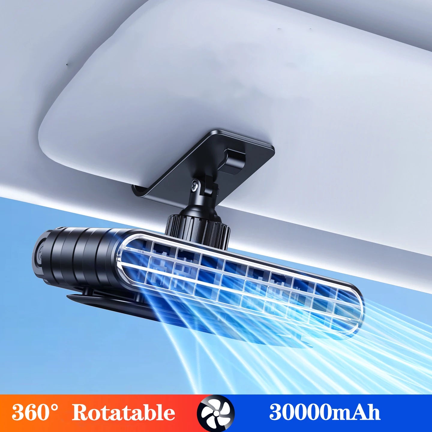 Eary Car Clip Fan Portable USB Rechargeable 30000mAh Sun Visor Fan 360° Rotate 5 Speeds Cooling Fan Ultra-thin Quiet Auto Cooler