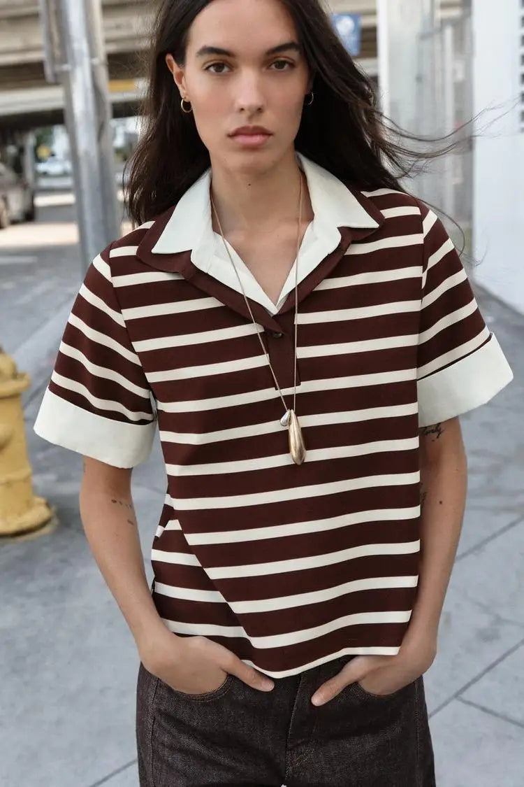 Spring New Women's Short Sleeve  Shirt Neck Splicing Stripe Pattern Casual Loose Fit Polyester Fiber Creative Design