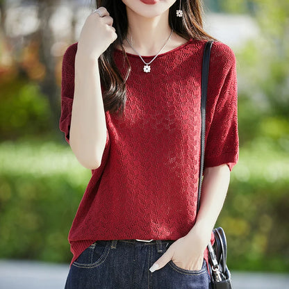 100% cotton ladies spring and summer comfortable round neck advanced design half sleeve pullover short sleeve blouse.