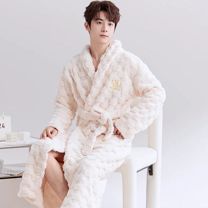 Thiened Coral Fce Robe Long Plu Spwear for Couples Autumn Winter Sle Home Clothes Outerwear Polyester Fiber