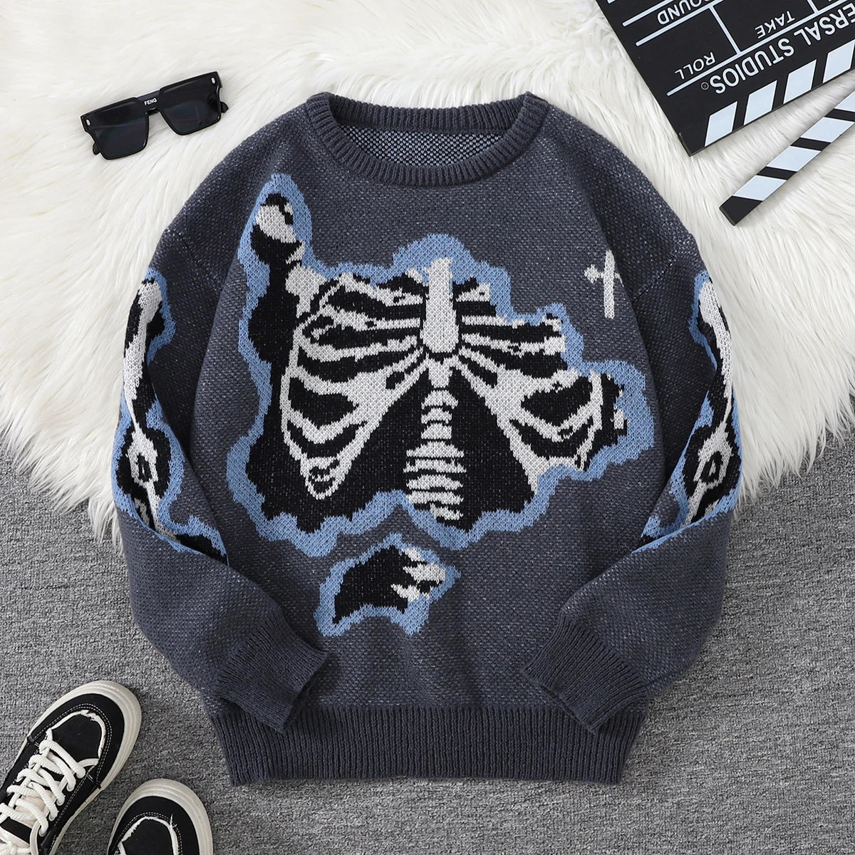 New Trendy Autumn and Winter Skeleton Pattern Pullover Sweater, Casual Round-Neck Color-Blocking Knit Men's Pullover